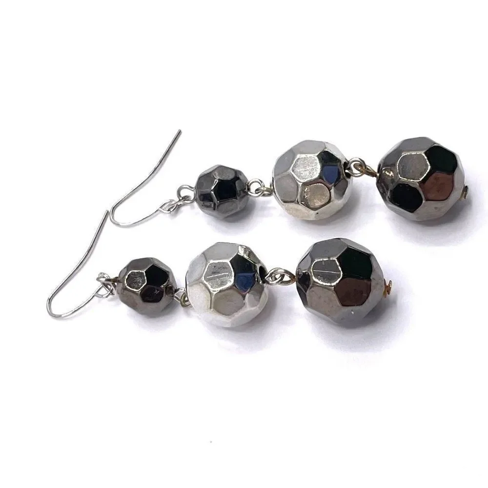 Silver and Gun Metal Black Round Faceted Beaded Dangling Drop Hook Earrings